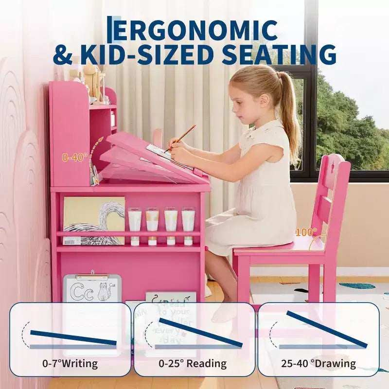 Ensemble bureau et chaise d’étude pour enfants avec rangement, bureau d’étude pour enfants avec dessus et plateau inclinable, de 3 à 8 ans, table d’écriture pour chambre