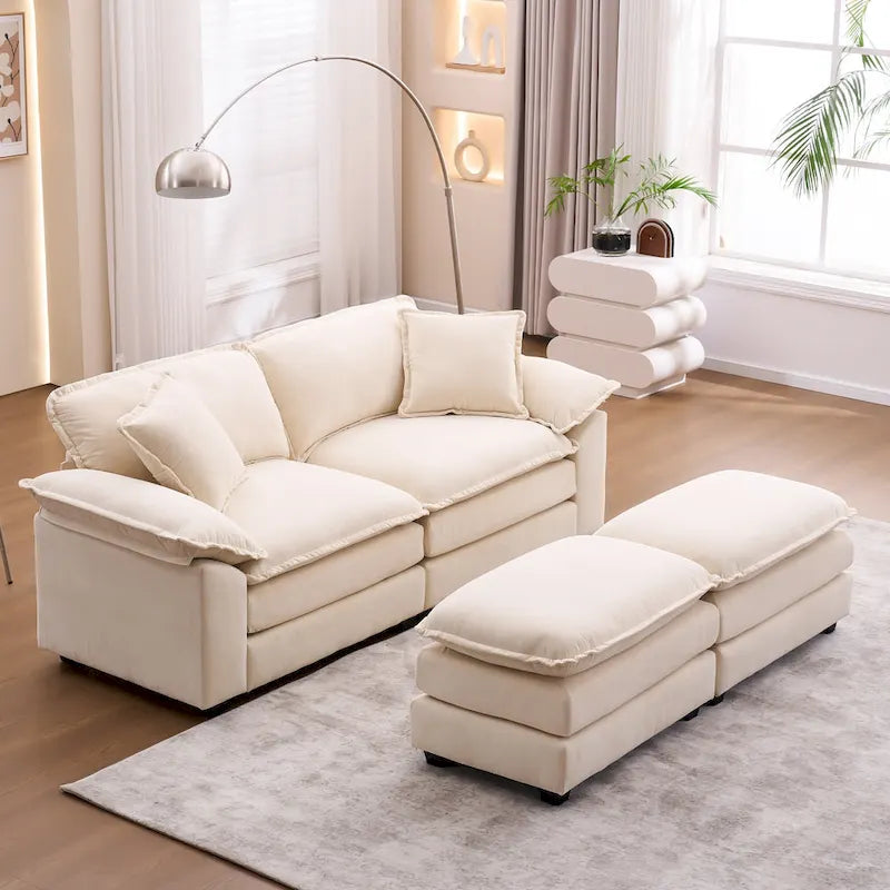Zweisitzer-Sofa mit 2 Sitzkissen, 2 Kissen und 2 Hockern, bequemes Sofa – tiefes Wohnzimmer-Sofa, modulares Sofa