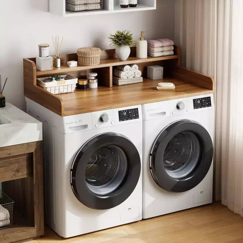 Dessus de lave-linge et sèche-linge en bois, plan de travail de buanderie de 54 po avec étagère de rangement à 2 niveaux, surface de travail antidérapante avec rebords pour l'organisation de la buanderie