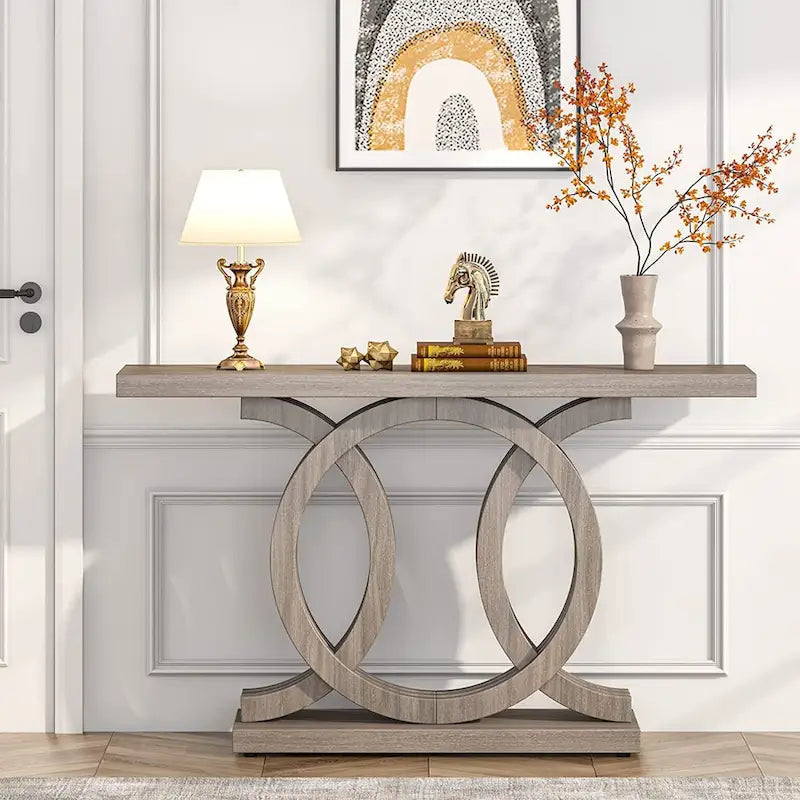 Mesa de consola vintage com base geométrica, mesa de madeira para corredor