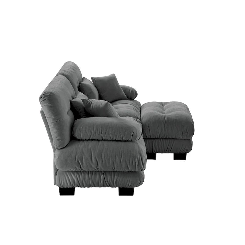 Sofá de dois lugares em forma de L, sofá modular em chenille com almofadas lombares