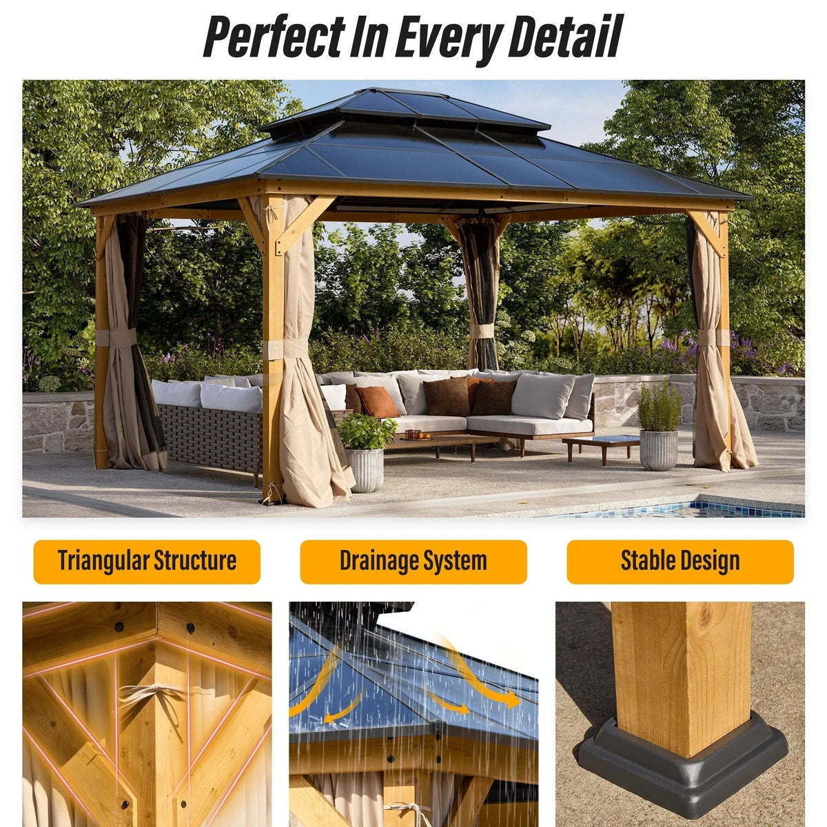 EROMMY Pavillon mit festem Dach, Outdoor-Pergola mit Doppeldach, Netzvorhängen und Vorhängen, robustes Vordach für Terrasse, Garten und Poolpartys