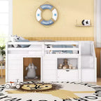 Letto rialzato basso singolo in legno massello da 94,6 L x 42,3 L, con scala, cassetto e ripiano, design moderno e pulito