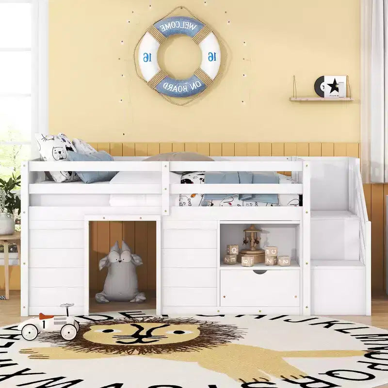 Letto rialzato basso singolo in legno massello da 94,6 L x 42,3 L, con scala, cassetto e ripiano, design moderno e pulito