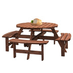 Conjunto de refeições redondo para piqueniques no exterior, em madeira de abeto, para 8 pessoas, com 4 bancos integrados e orifício para guarda-sol
