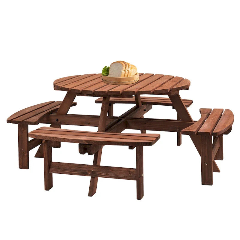 Conjunto de refeições redondo para piqueniques no exterior, em madeira de abeto, para 8 pessoas, com 4 bancos integrados e orifício para guarda-sol