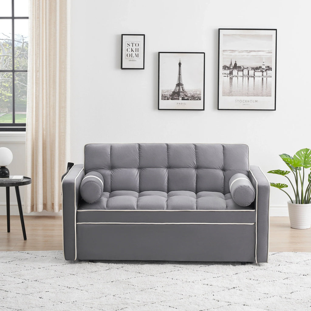 Sofá-Cama Convertível de Veludo para 2 Pessoas, com 55', Cama Extensível, Encosto Reclinável Ajustável, Bolsos Laterais e Suporte para Telemóvel
