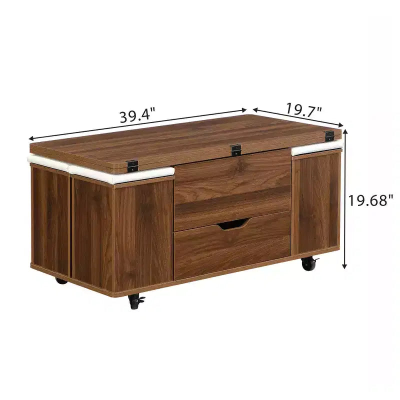 Mesa de centro moderna multifunções com tampo elevável, arrumação oculta, 4 bancos e rodízios, perfeita para espaços de estar modernos