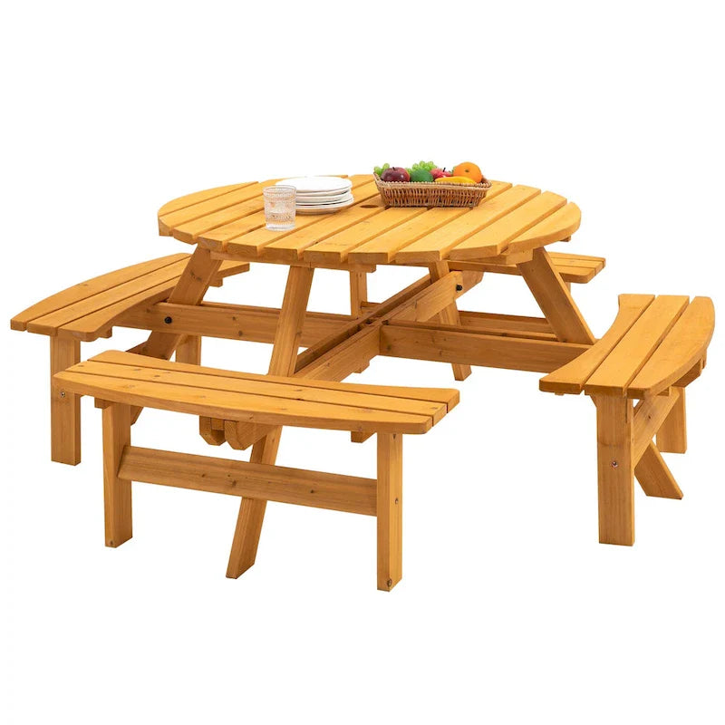 Conjunto de refeições redondo para piqueniques no exterior, em madeira de abeto, para 8 pessoas, com 4 bancos integrados e orifício para guarda-sol