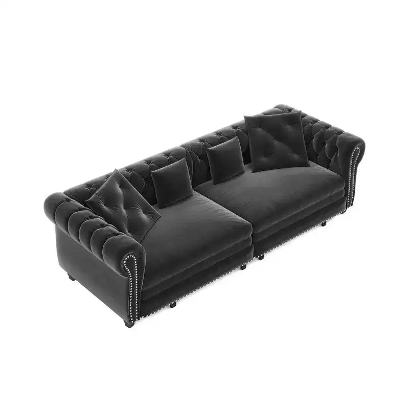 Whisen fluwelen 3-in-1 kingsize slaapbank en converteerbare slaapbank met verplaatsbare hocker, gecapitonneerd ontwerp