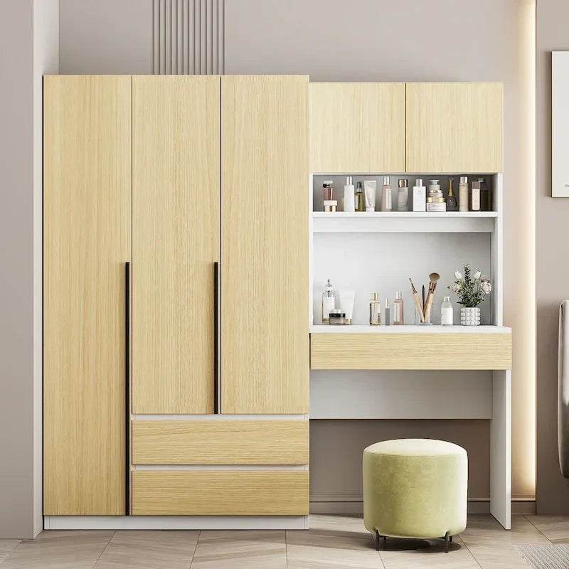 3-in-1-Kleiderschrank mit Schminktisch, Schreibtisch-Set, Schlafzimmerschrank mit 2 Schubladen, 3 Türen und Stauraum