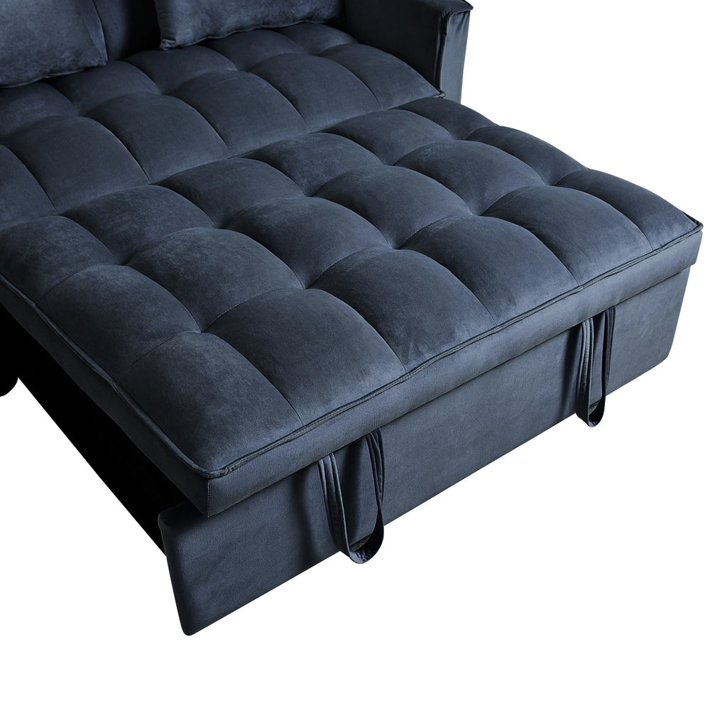 Nowoczesna rozkładana sofa z funkcją spania 3 w 1, regulowanym oparciem, aksamitnym dwuosobowym siedziskiem, poduszkami i kieszeniami bocznymi
