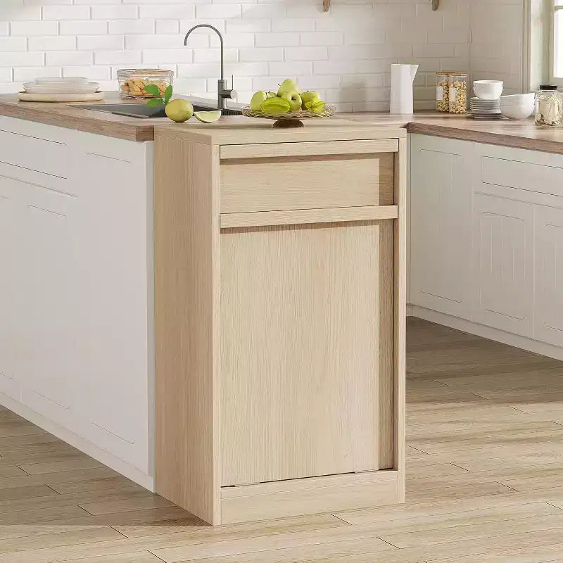 Kippbarer Mülleimer aus natürlicher Eiche, Mülleimer mit Stauraum und Schublade, versteckter Müllschrank, Wäschekorb für Küche, Esszimmer und Wohnzimmer