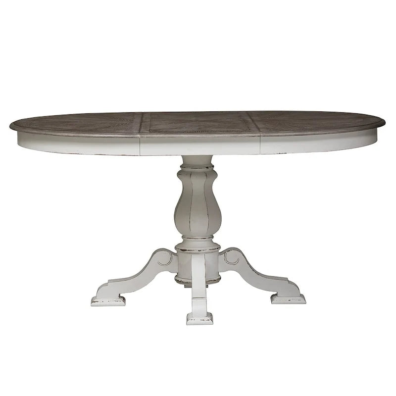 Mesa de jantar redonda com pé central Magnolia Manor e extensões - 2 acabamentos