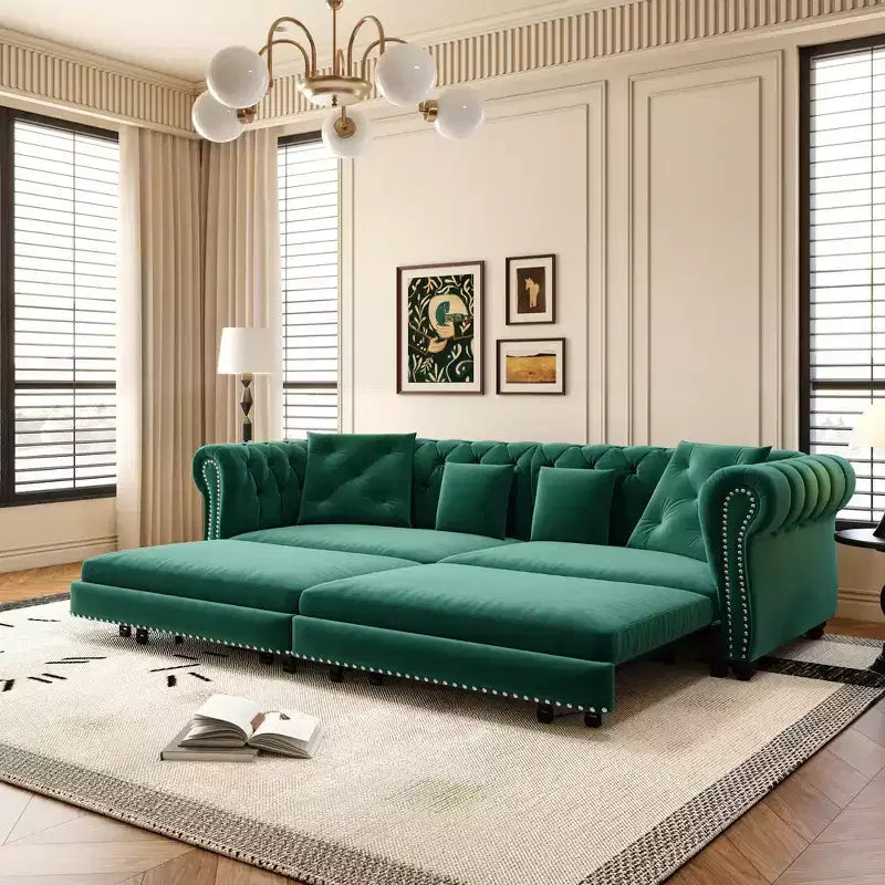 Whisen fluwelen 3-in-1 kingsize slaapbank en converteerbare slaapbank met verplaatsbare hocker, gecapitonneerd ontwerp