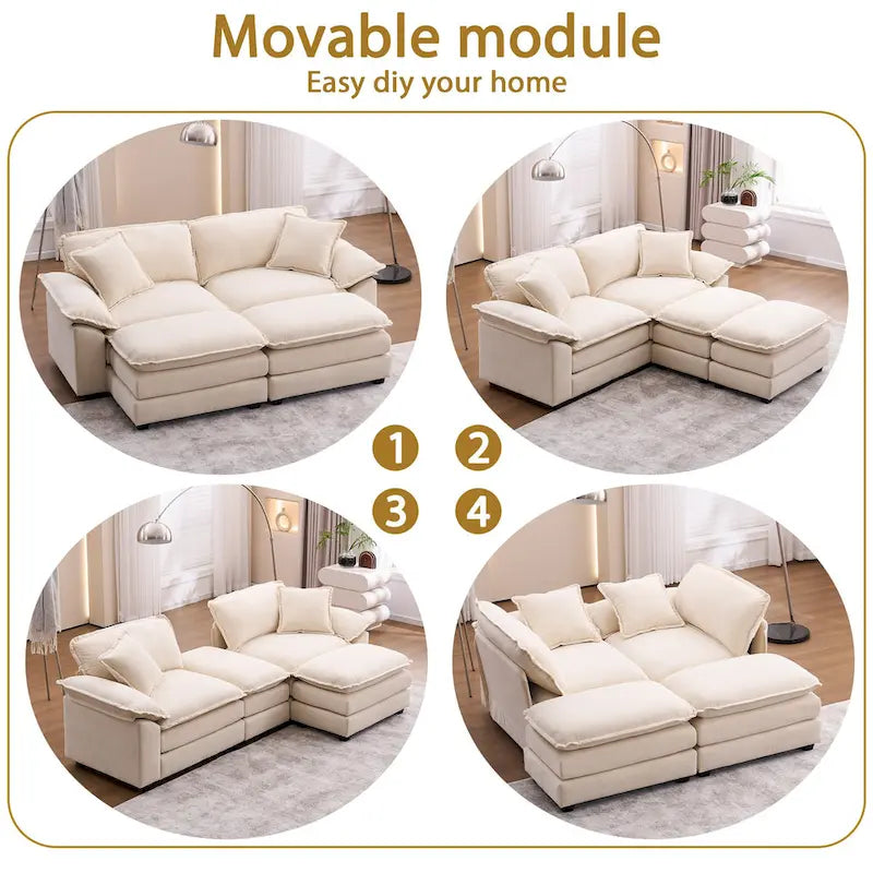 Zweisitzer-Sofa mit 2 Sitzkissen, 2 Kissen und 2 Hockern, bequemes Sofa – tiefes Wohnzimmer-Sofa, modulares Sofa