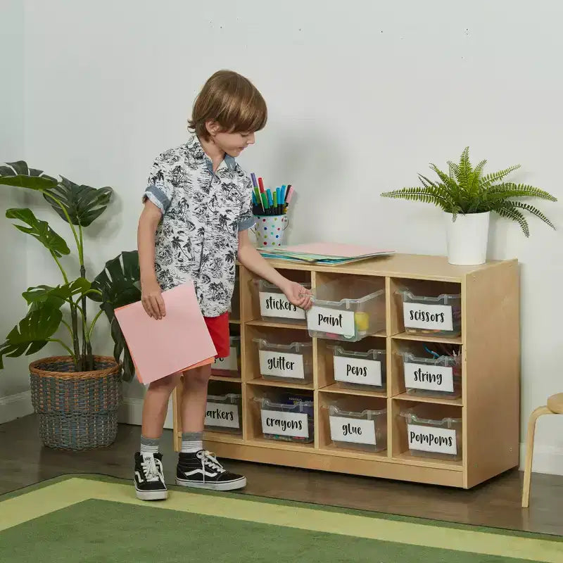 Meuble mobile à plateaux avec casiers et 15 bacs frontaux à ouverture en forme de cuillère, 3 x 4, mobilier pour enfants