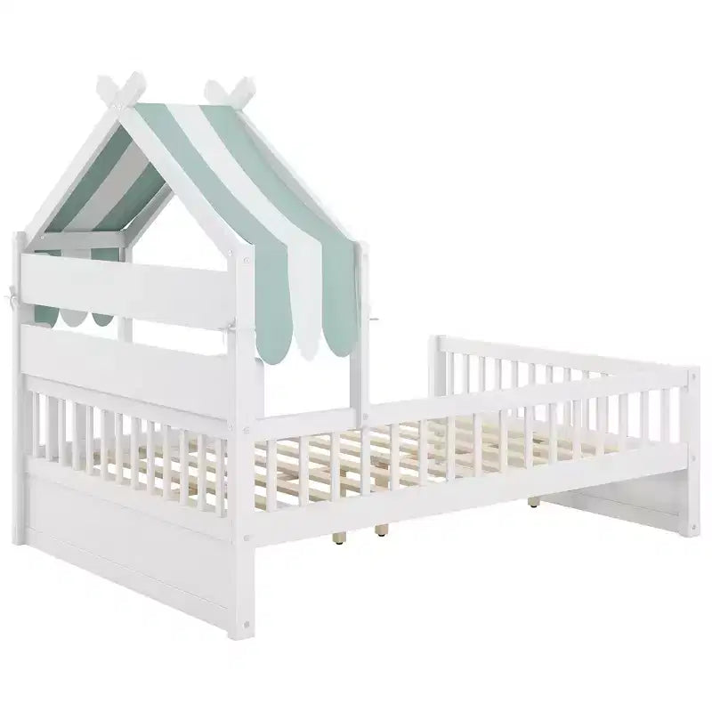 Cama-casa de madeira ModernLuxe para colchão individual/cama de casal com cabeceira com arrumação, estrutura de cama infantil em pinho maciço com grades de proteção