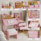 Ensemble bureau et chaise pour enfants, table d’étude en bois avec plateau inclinable réglable, tiroirs et tableau en liège – ensemble bureau d’apprentissage scolaire pour enfants