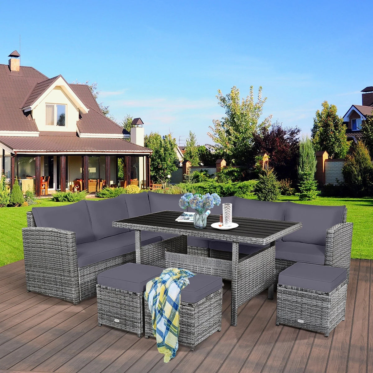 Costway 7-teiliges Dining-Set aus Polyrattan für die Terrasse mit Ecksofa, Couch und Hocker – Details anzeigen