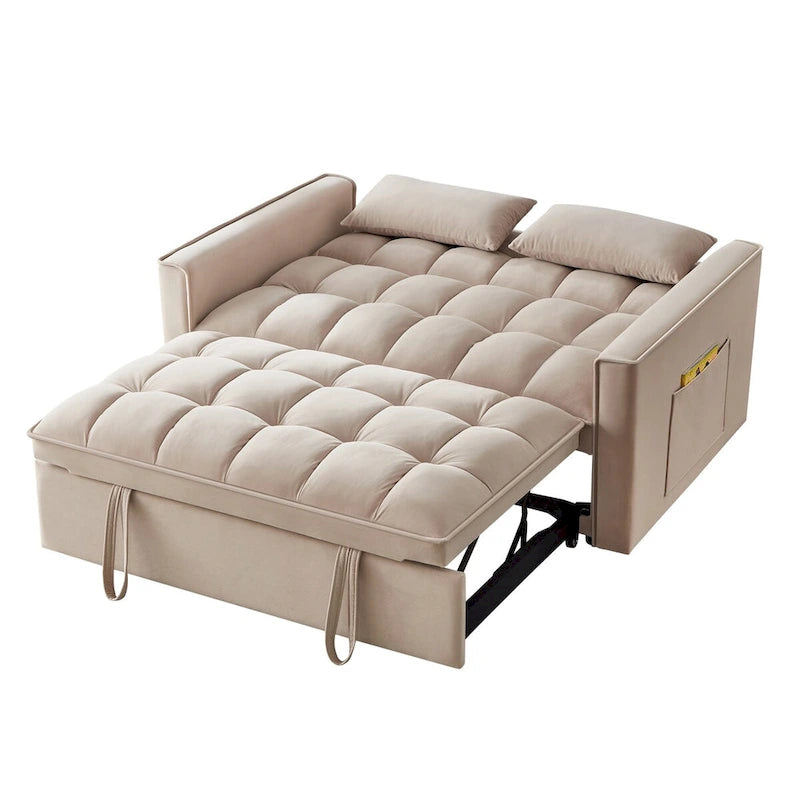 Sofá-cama de 2 lugares 4 em 1 com braços e bolsos de arrumação, sofá-cama extraível multifunções com encosto ajustável