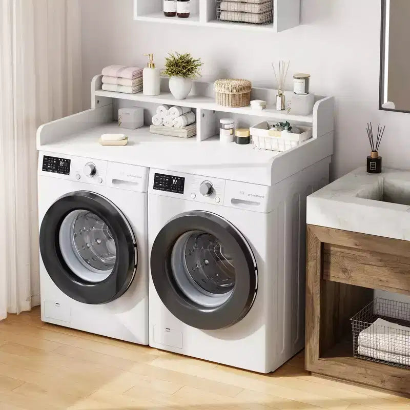 Dessus de lave-linge et sèche-linge en bois, plan de travail de buanderie de 54 po avec étagère de rangement à 2 niveaux, surface de travail antidérapante avec rebords pour l'organisation de la buanderie