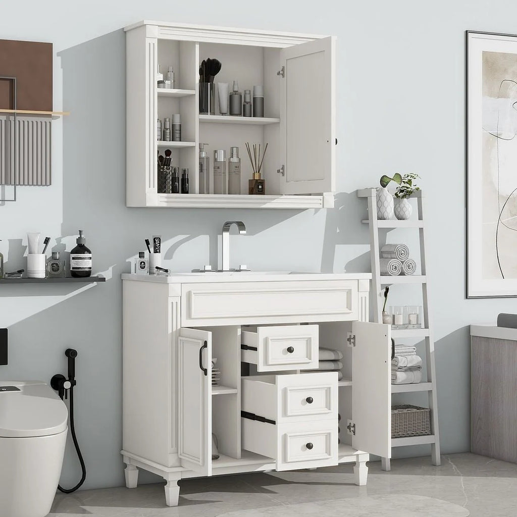 36-Zoll moderner Waschtischunterschrank mit Aufsatzwaschbecken und Spiegelschrank, 2 Türen und 2 Schubladen