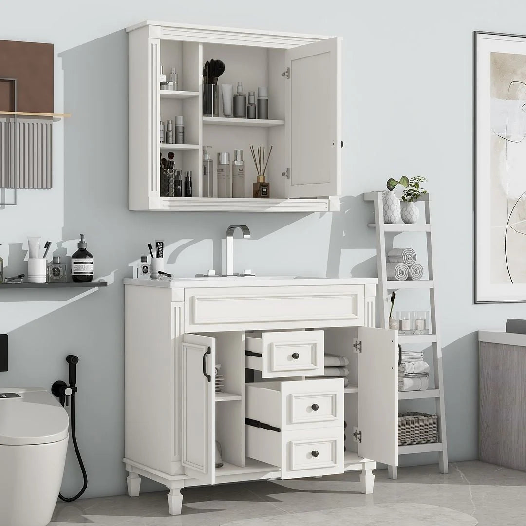36-Zoll moderner Waschtischunterschrank mit Aufsatzwaschbecken und Spiegelschrank, 2 Türen und 2 Schubladen