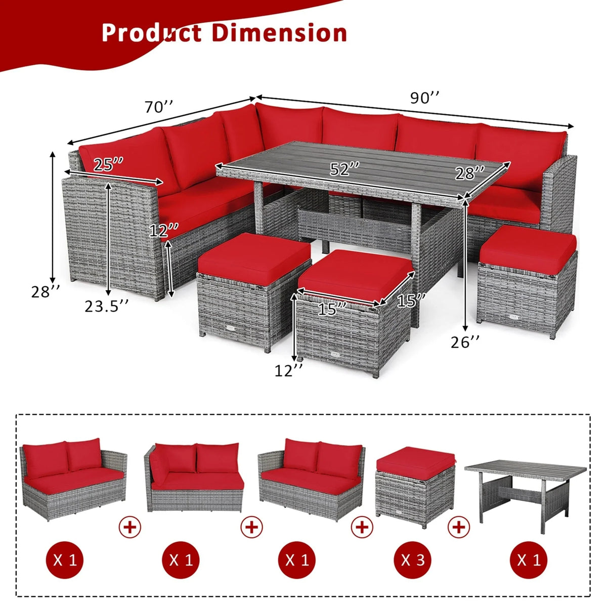 Costway 7-teiliges Dining-Set aus Polyrattan für die Terrasse mit Ecksofa, Couch und Hocker – Details anzeigen