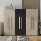 Armário roupeiro 83W com 6 portas, armário de roupa com 2 gavetas, varões para pendurar e prateleiras de arrumação, preto+natural-ModernLuxe