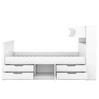 Letto a piattaforma Captain matrimoniale o singolo con 4 cassetti e ripiani contenitori, struttura in legno massello con testiera libreria contenitore
