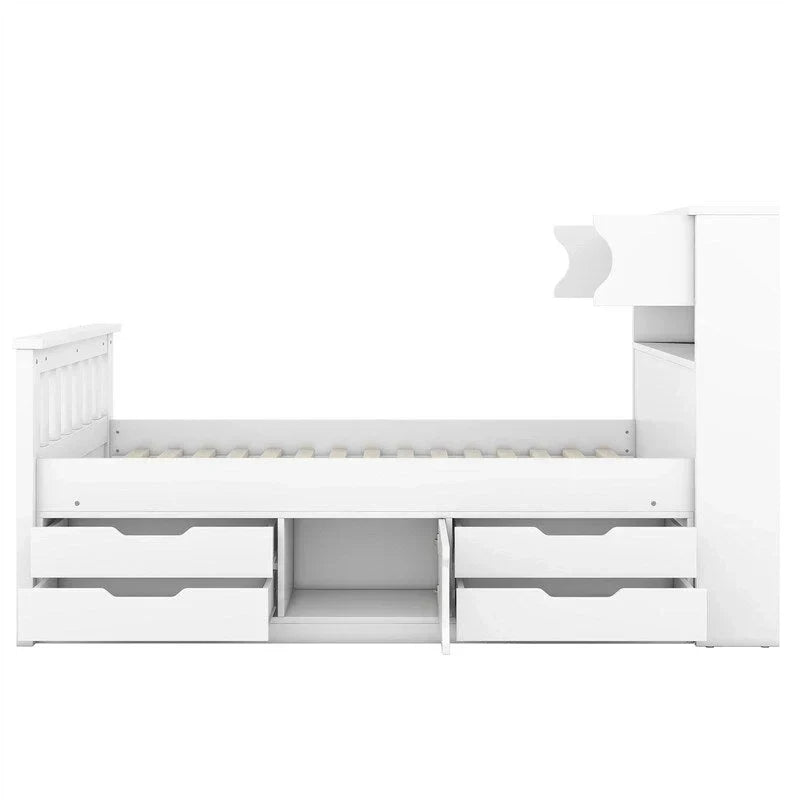 Letto a piattaforma Captain matrimoniale o singolo con 4 cassetti e ripiani contenitori, struttura in legno massello con testiera libreria contenitore