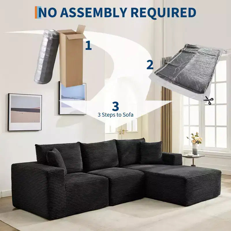 108 modernes Sofa, 3-Sitzer-Sofa in L-Form mit Polsterbezug und Kissen, Sofa mit tiefer Sitzfläche, keine Montage erforderlich