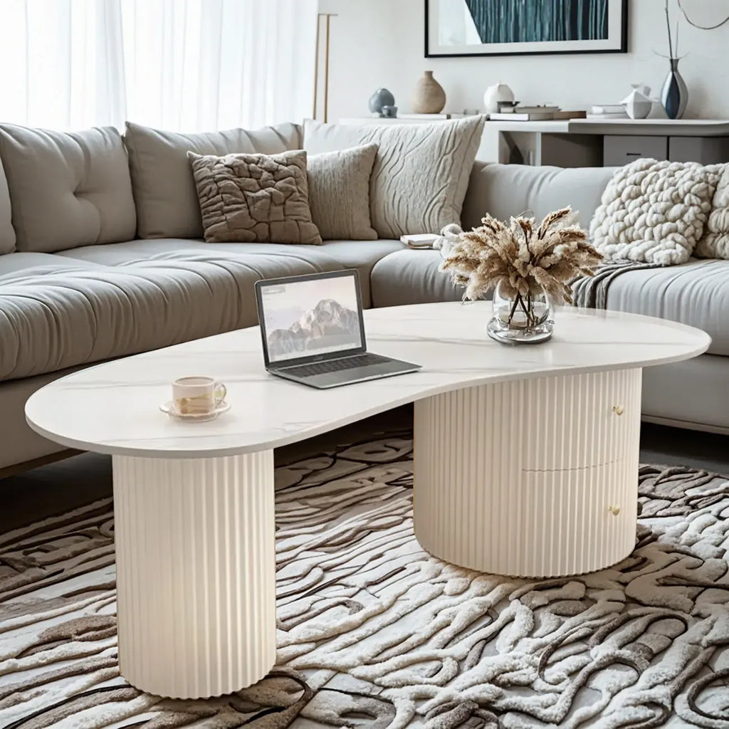 Minimalistischer ovaler Standard-Couchtisch in Weiß mit 2 Schubladen