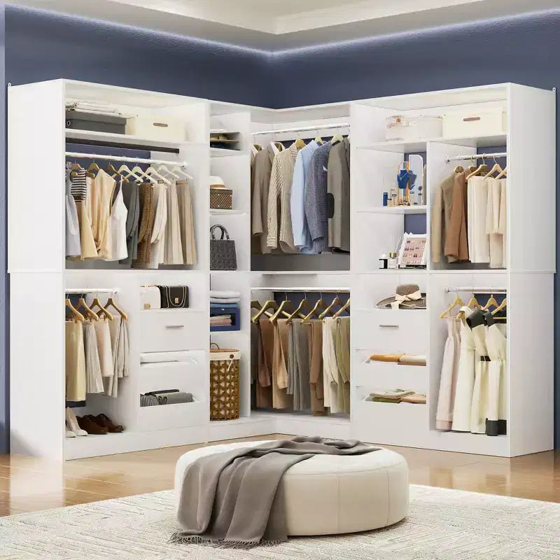 Ensemble Besiost de 3 éléments pour dressing d’angle avec étagères en colonne et tiroirs, organisateur de dressing autoportant avec tringles