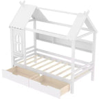 Huisbed met opbergladen en raam, frame van massief hout met planken, speels kinderdesign, lichtwit