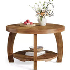 Lantine runder Couchtisch aus Massivholz, 2-stufiger Beistelltisch mit Stauraum, 31,5-Zoll-Tischplatte mit Mosaikmuster, einfache Montage, für das Wohnzimmer, Braun
