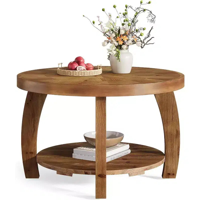 Lantine runder Couchtisch aus Massivholz, 2-stufiger Beistelltisch mit Stauraum, 31,5-Zoll-Tischplatte mit Mosaikmuster, einfache Montage, für das Wohnzimmer, Braun