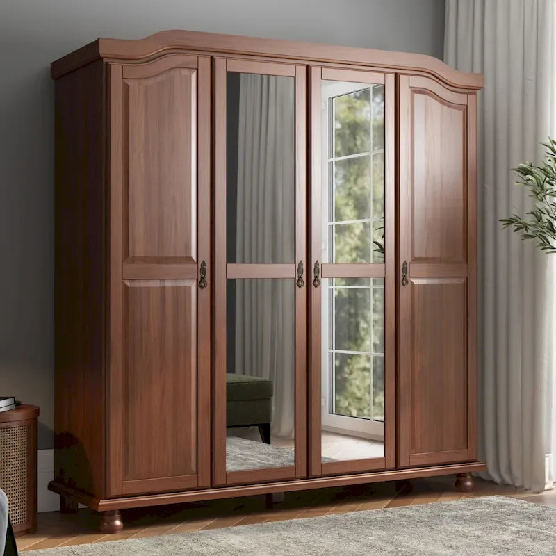 Palace Imports Kyle 4-türiger Kleiderschrank aus 100 % Massivholz mit Türen aus Massivholz oder Spiegelglas