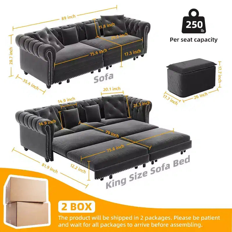 Whisen fluwelen 3-in-1 kingsize slaapbank en converteerbare slaapbank met verplaatsbare hocker, gecapitonneerd ontwerp
