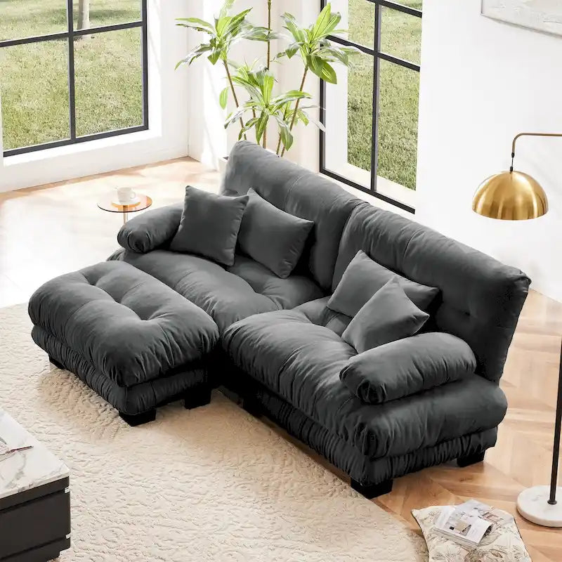 L-förmiges Zweisitzer-Sofa aus Chenille mit Lendenkissen
