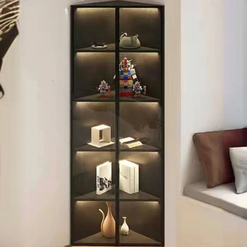 Modern Grey Metal Wood Corner Display Cabinet with Glass Door