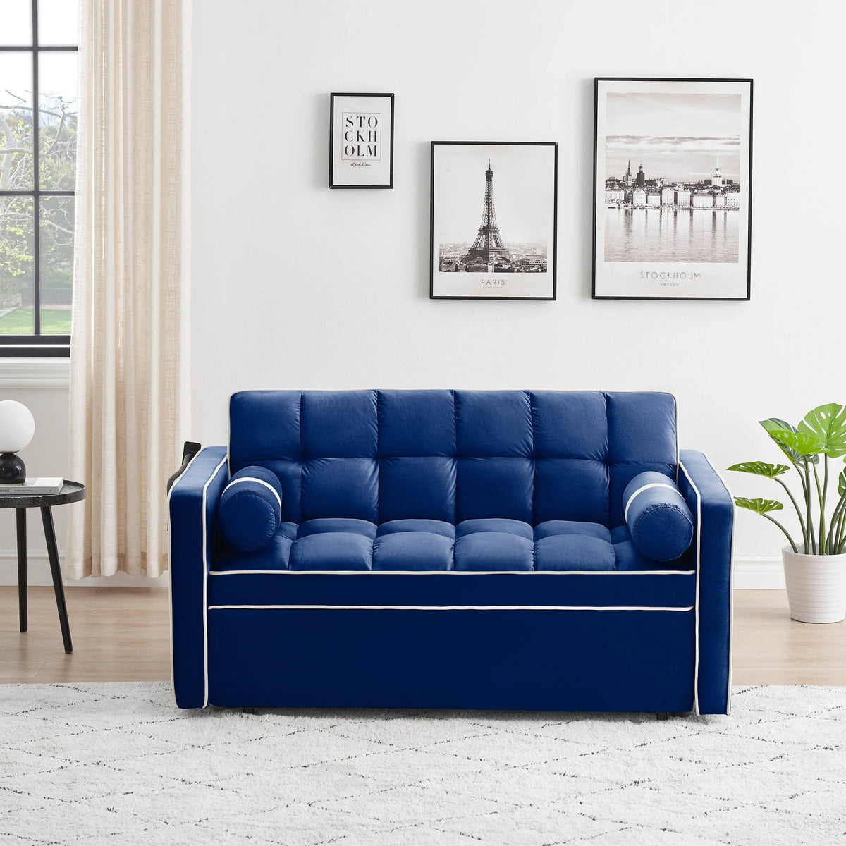 Sofá-Cama Convertível de Veludo para 2 Pessoas, com 55', Cama Extensível, Encosto Reclinável Ajustável, Bolsos Laterais e Suporte para Telemóvel