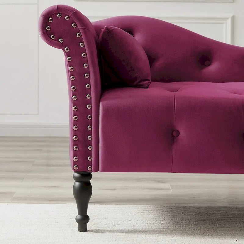 Moderne chaise longue van 60,6 inch met fluwelen bekleding, gecapitonneerde knopen, massief houten poten en sierspijkers