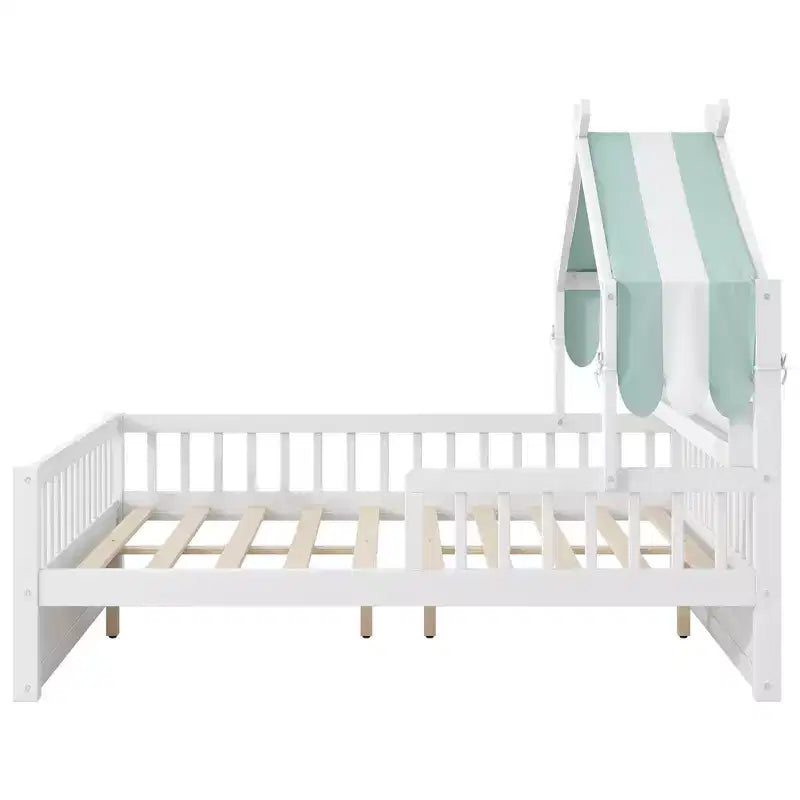 Cama-casa de madeira ModernLuxe para colchão individual/cama de casal com cabeceira com arrumação, estrutura de cama infantil em pinho maciço com grades de proteção