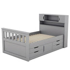 Letto a piattaforma Captain matrimoniale o singolo con 4 cassetti e ripiani contenitori, struttura in legno massello con testiera libreria contenitore