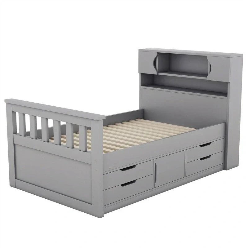 Letto a piattaforma Captain matrimoniale o singolo con 4 cassetti e ripiani contenitori, struttura in legno massello con testiera libreria contenitore