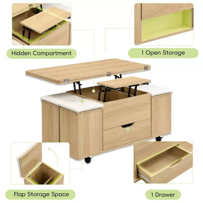 Mesa de centro moderna multifunções com tampo elevável, arrumação oculta, 4 bancos e rodízios, perfeita para espaços de estar modernos