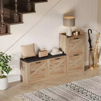 Bench with 4 flip-up drawers and padded seat cushion, Wooden narrow shoe storage rack, Suitable for living room entryway bench