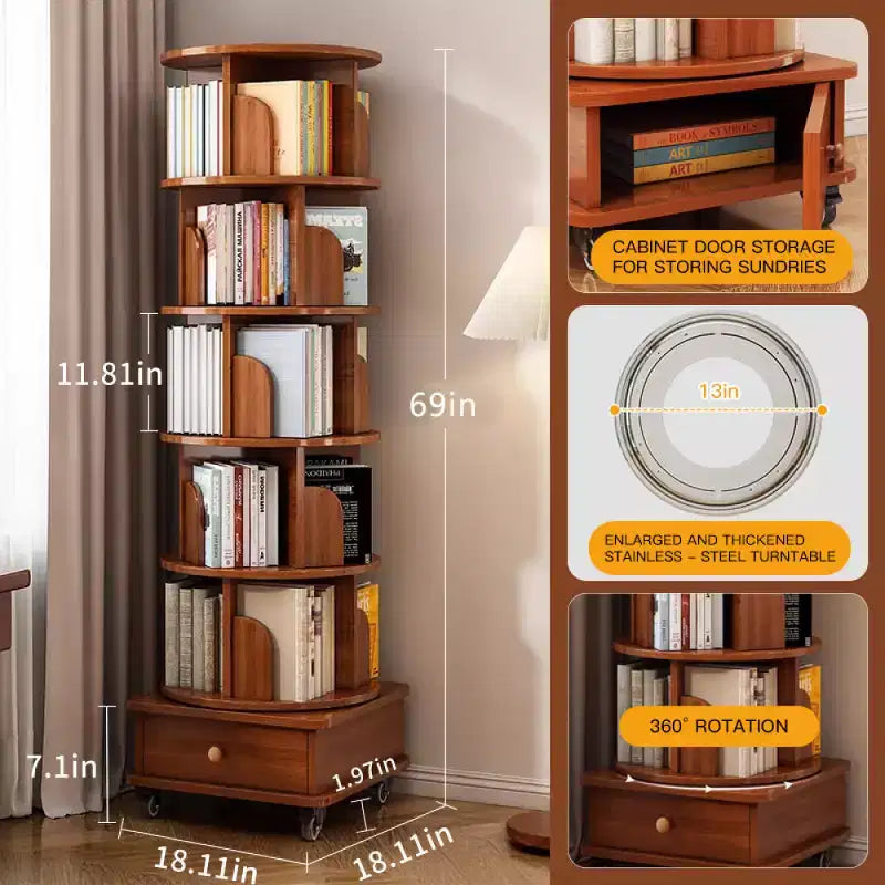 Chic Crate schmales Eckbücherregal mit 6 Ebenen, 360° drehbar und mit Rollen, für kleine Räume, Walnussbraun
